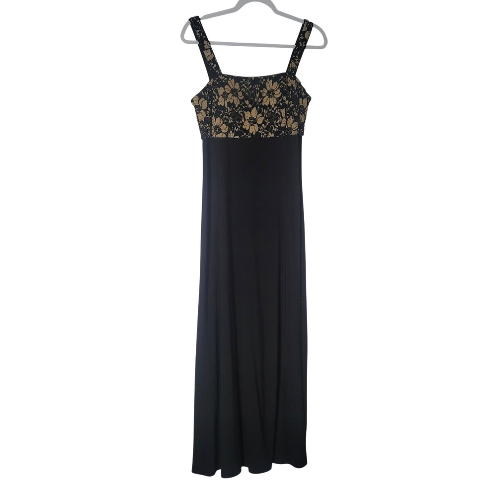 R&M Richards Womens Black Tan Floral Lace Bodice Empire Waist Maxi Dress 8 Y2K